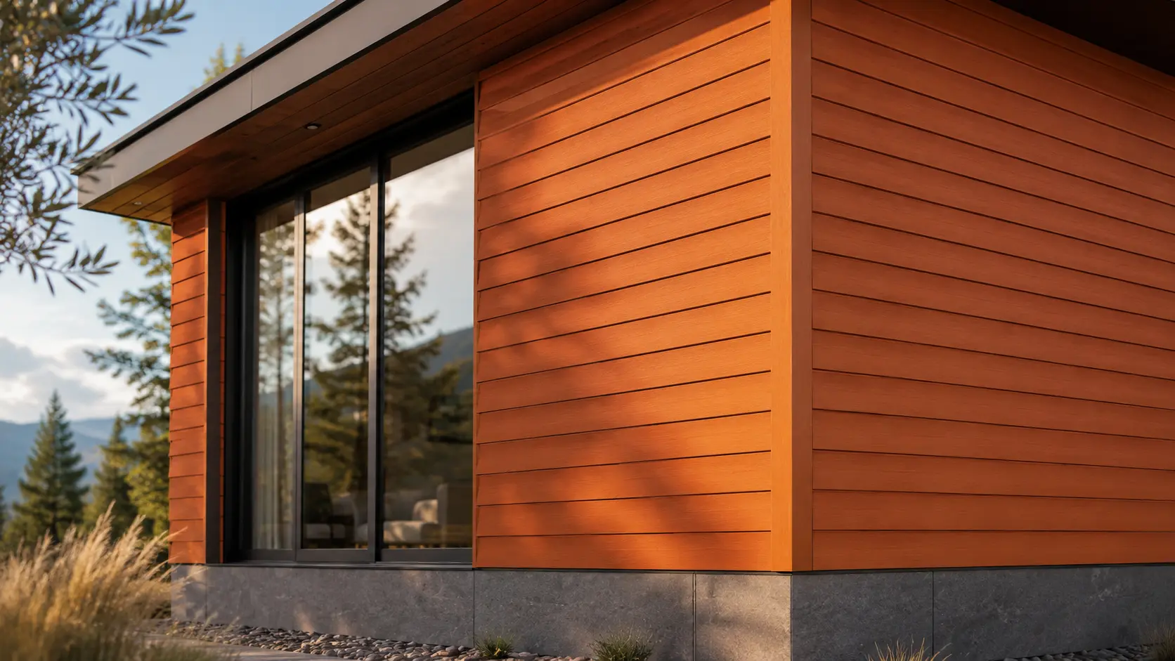 Modern mountain residence corner with Plycem Siding in Cedro wood-grain finish stained in warm cedar tone, dark stone wainscot, dark-framed window