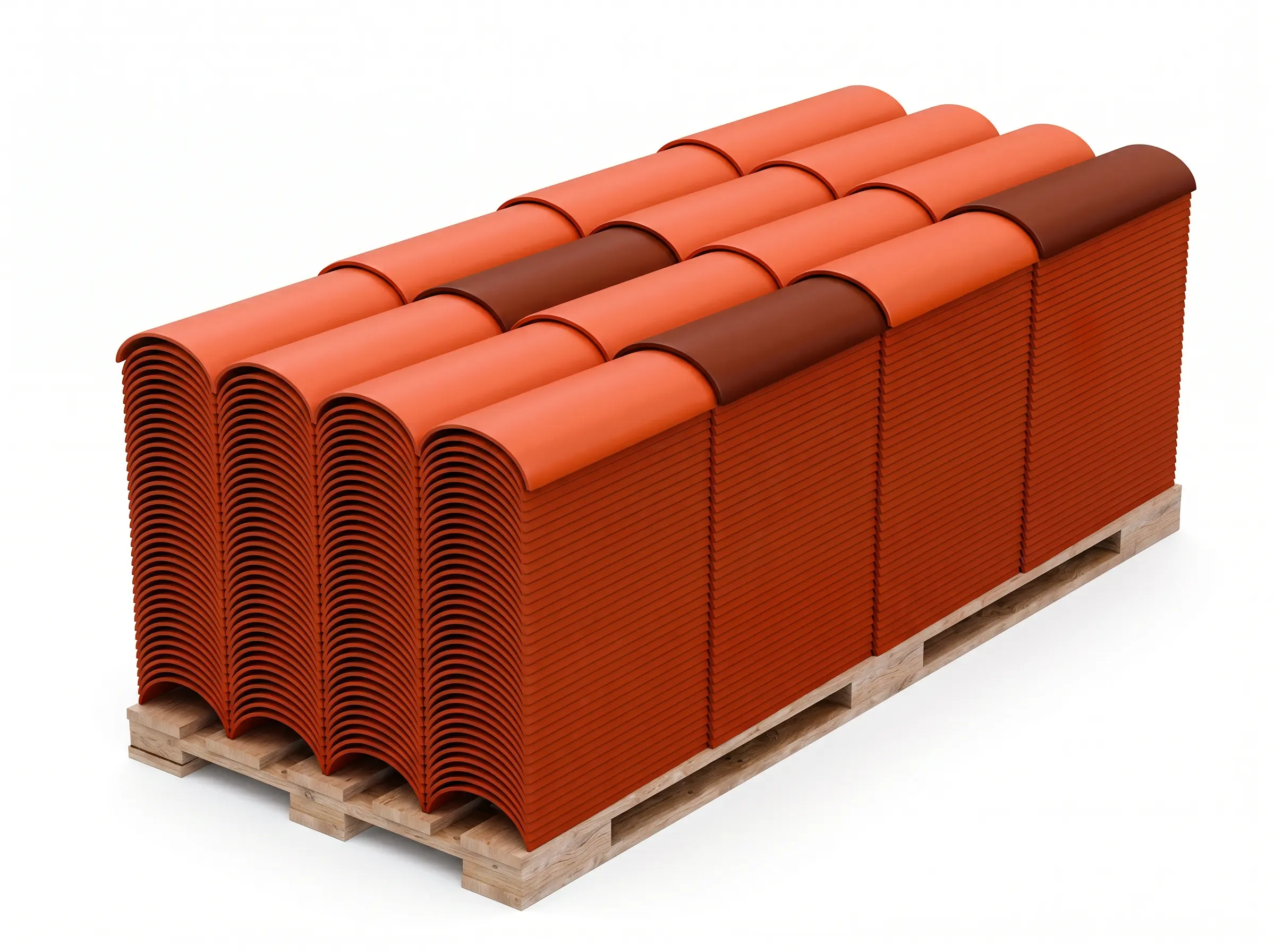 Plycem Eureka Sevillana roof tiles stacked on shipping pallet — orange terracotta with burgundy accent tiles